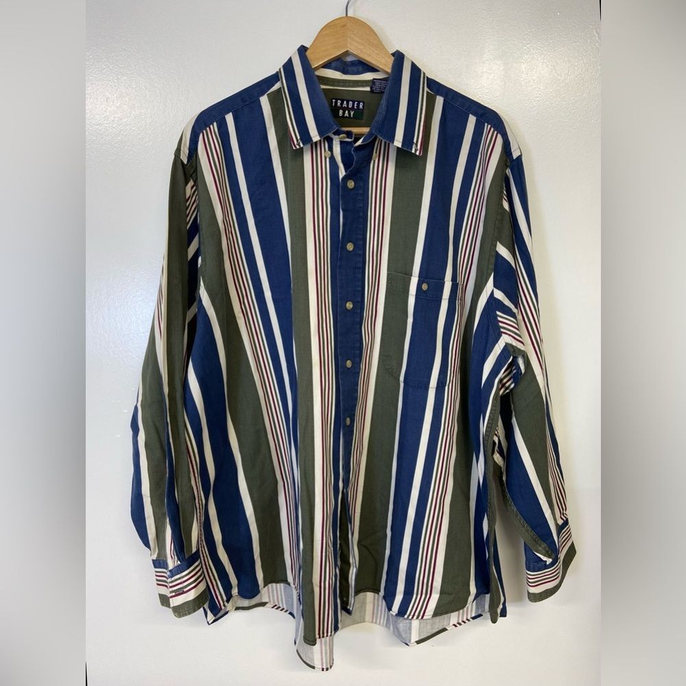 Vintage Men's Trader Bay100% Cotton Striped Blue Green Red Shirt Size 2XL